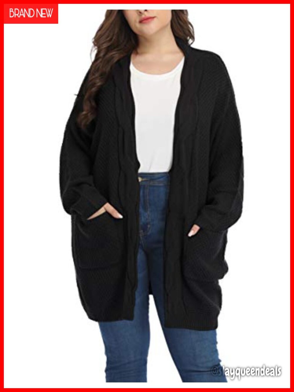 Plus Size Oversized Open Front Cardigan Textured Knit Cable Trim Pockets